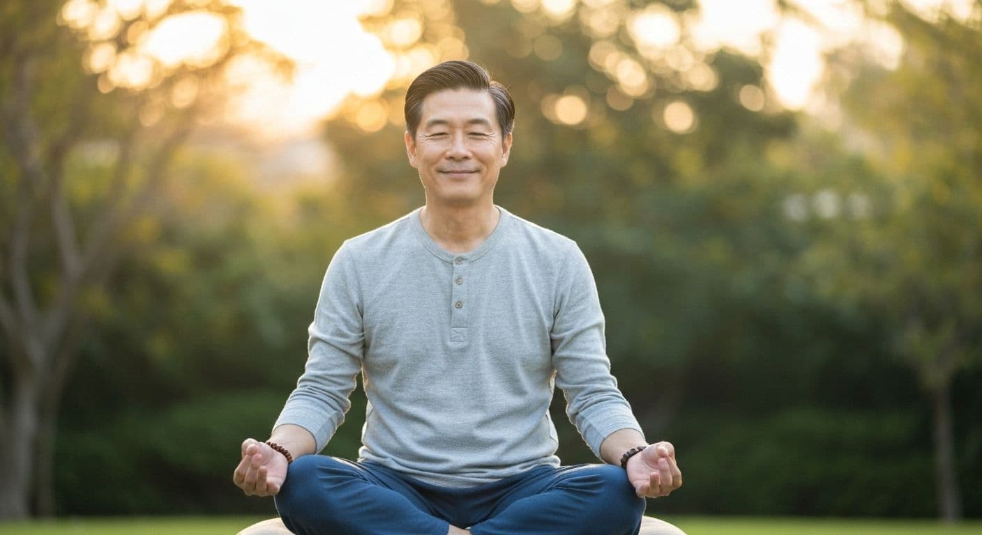 Person practicing mindfulness and mental health techniques in peaceful setting