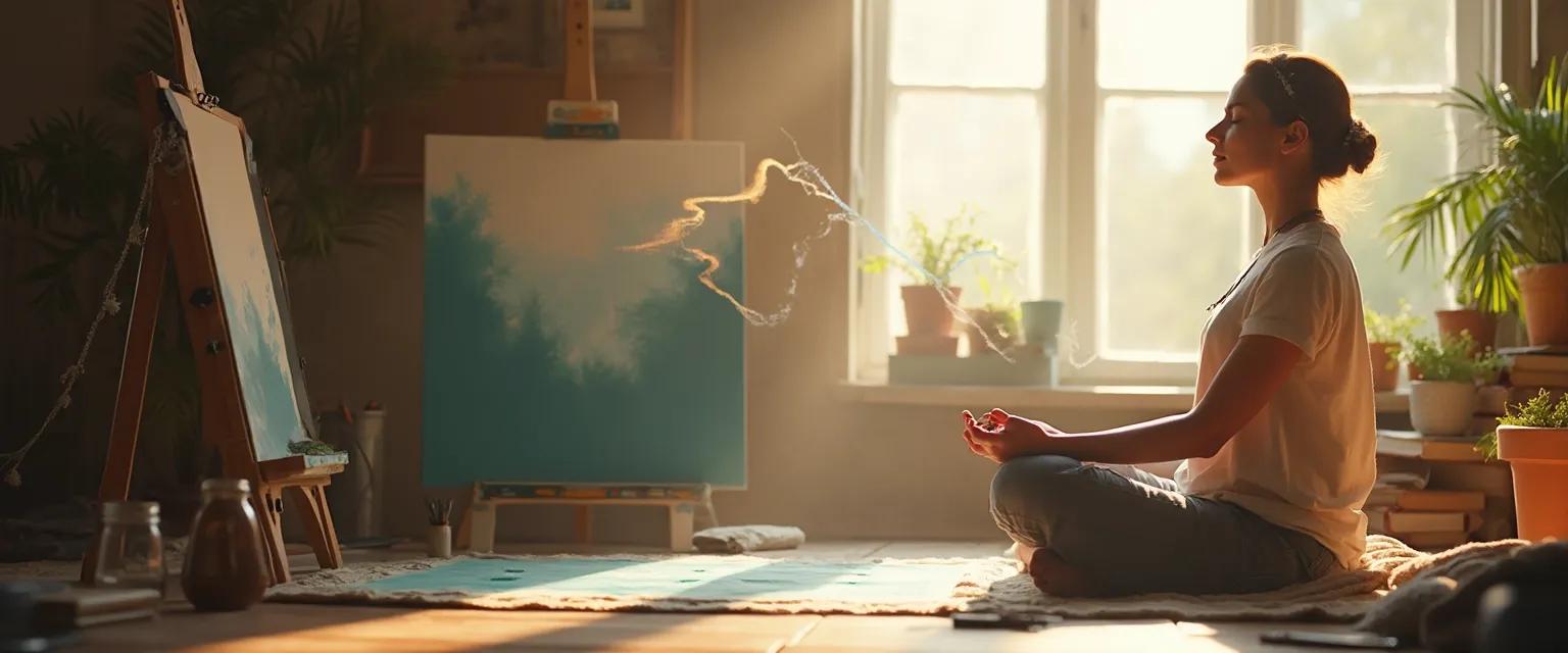 Artist practicing 10-minute mindfulness to overcome creative blocks and enhance artistic flow