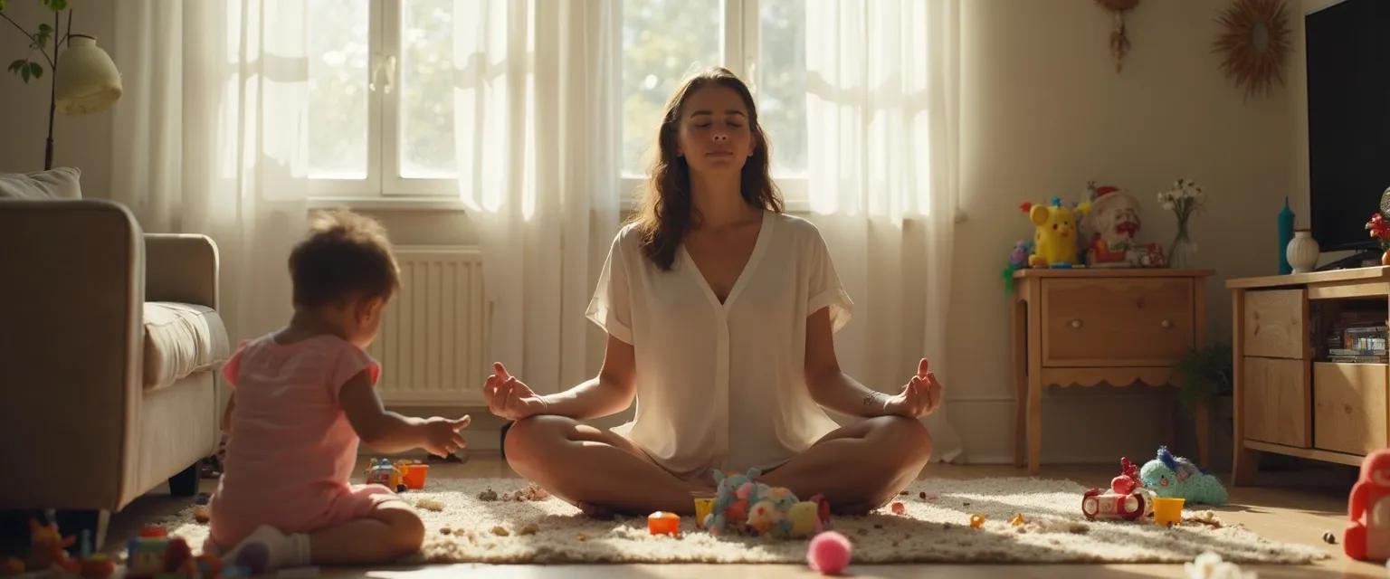 Parent practicing mindfulness based stress reduction technique while playing with child