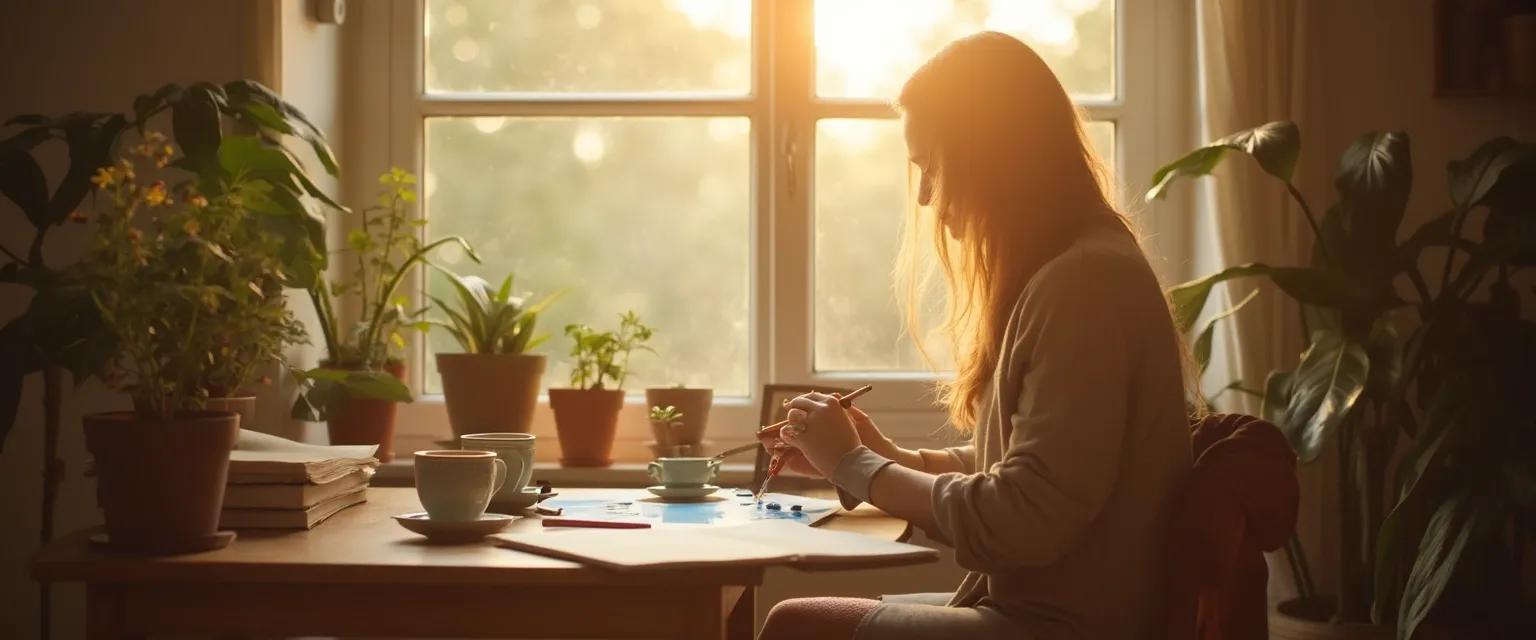 Woman enjoying solo hobby activities 1 month after breakup while rebuilding her identity