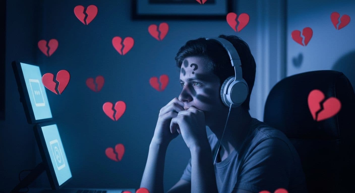 Person thoughtfully pausing before watching TED talk heartbreak content on laptop