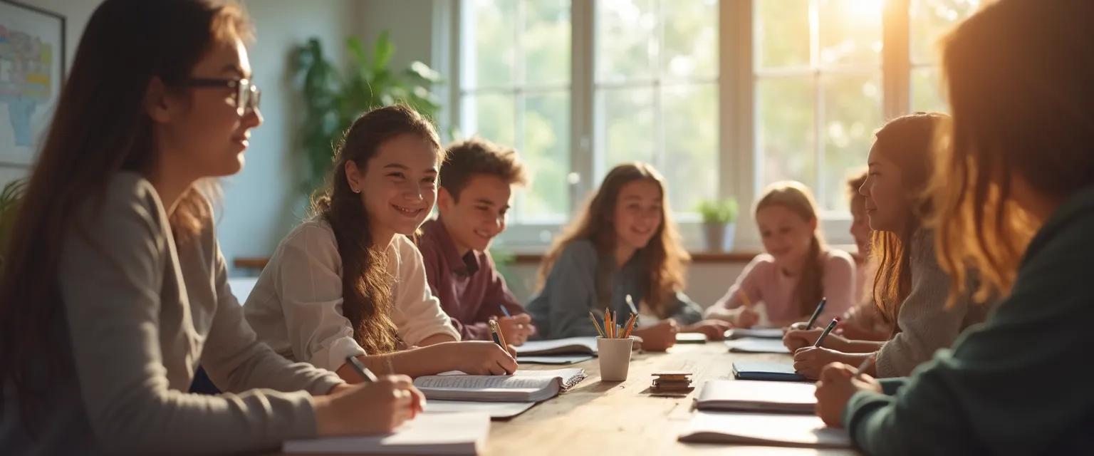 Students practicing self-awareness examples in a collaborative classroom setting