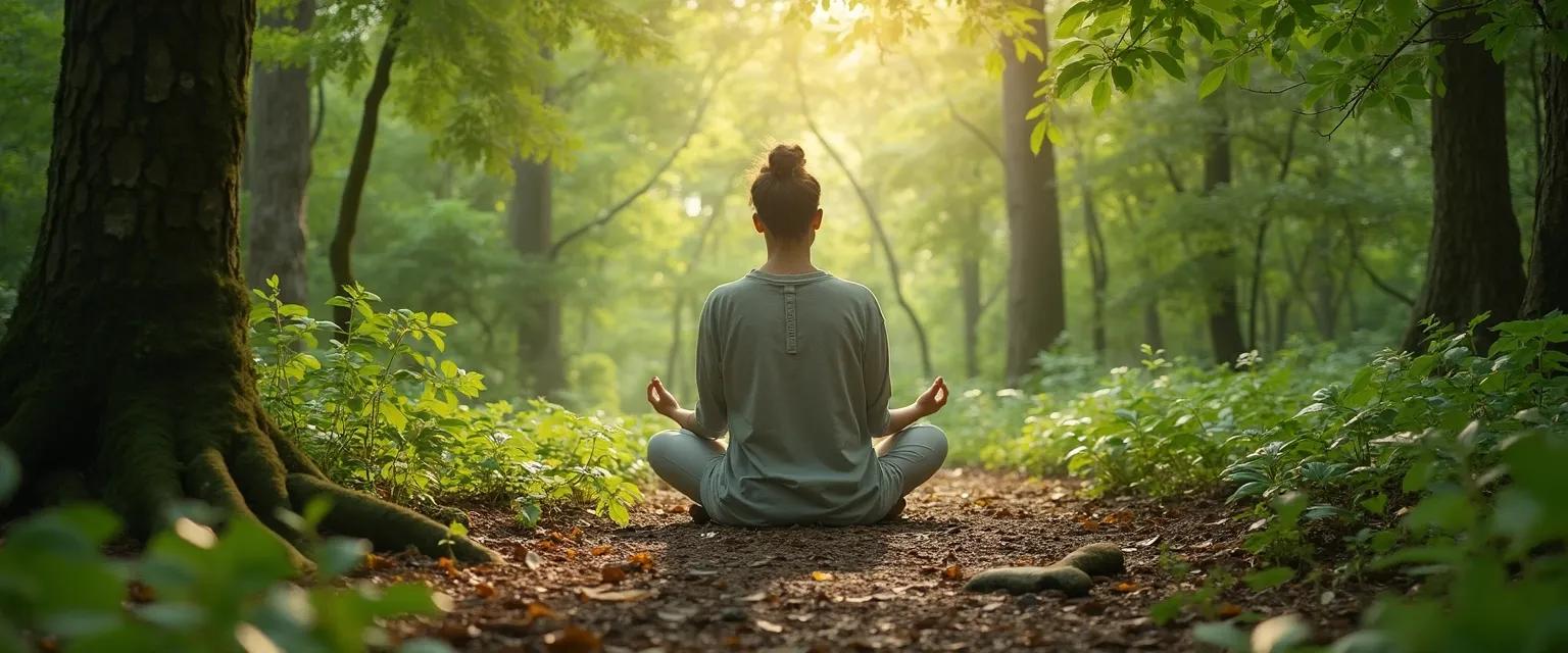 Person practicing nature-based techniques to relax their mind in a forest setting