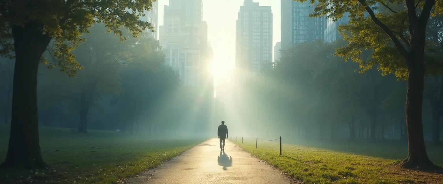 Person practicing zen mind walking meditation in busy urban environment