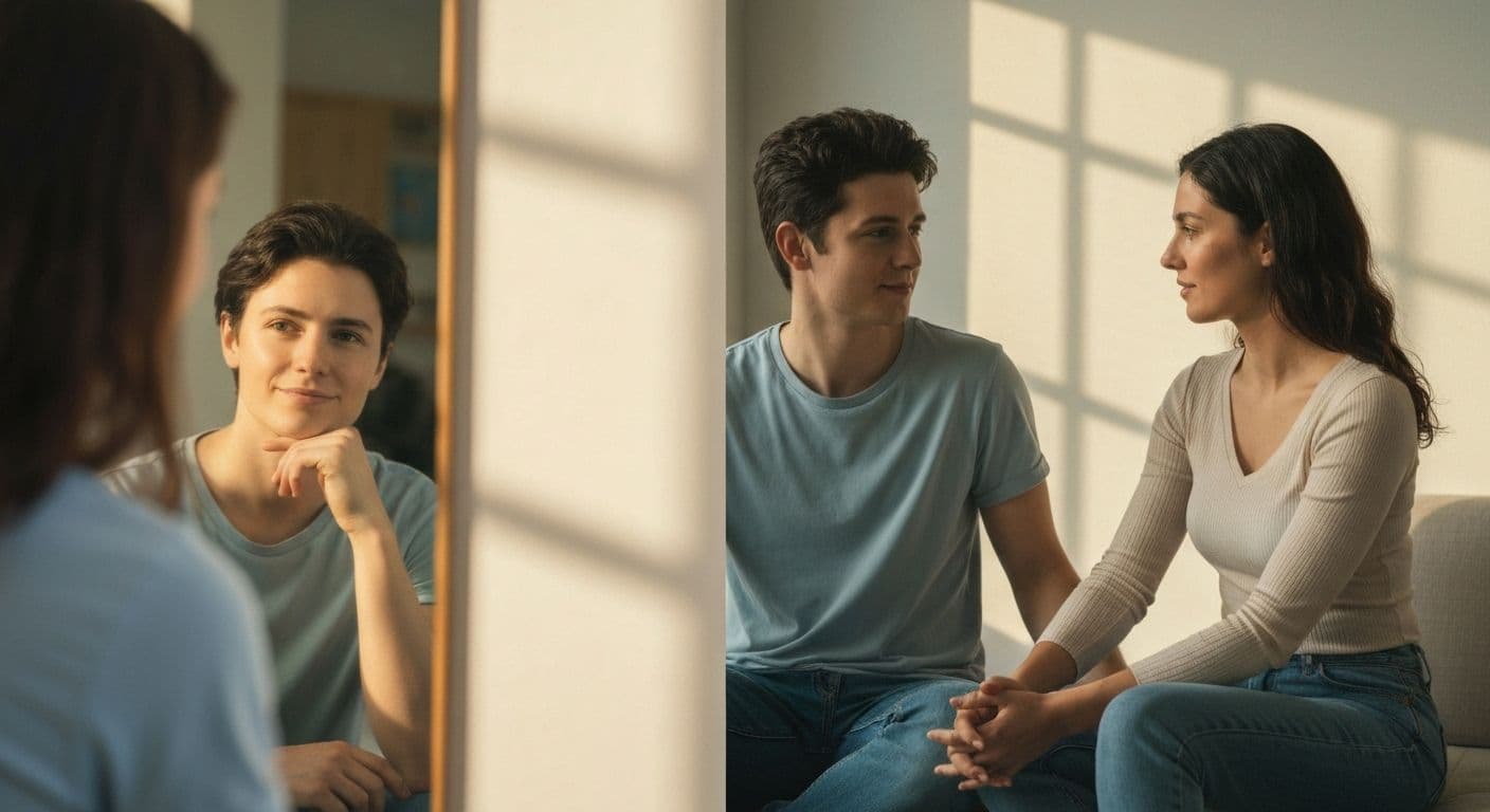 Couple practicing self awareness in relationship during calm conversation about conflict patterns