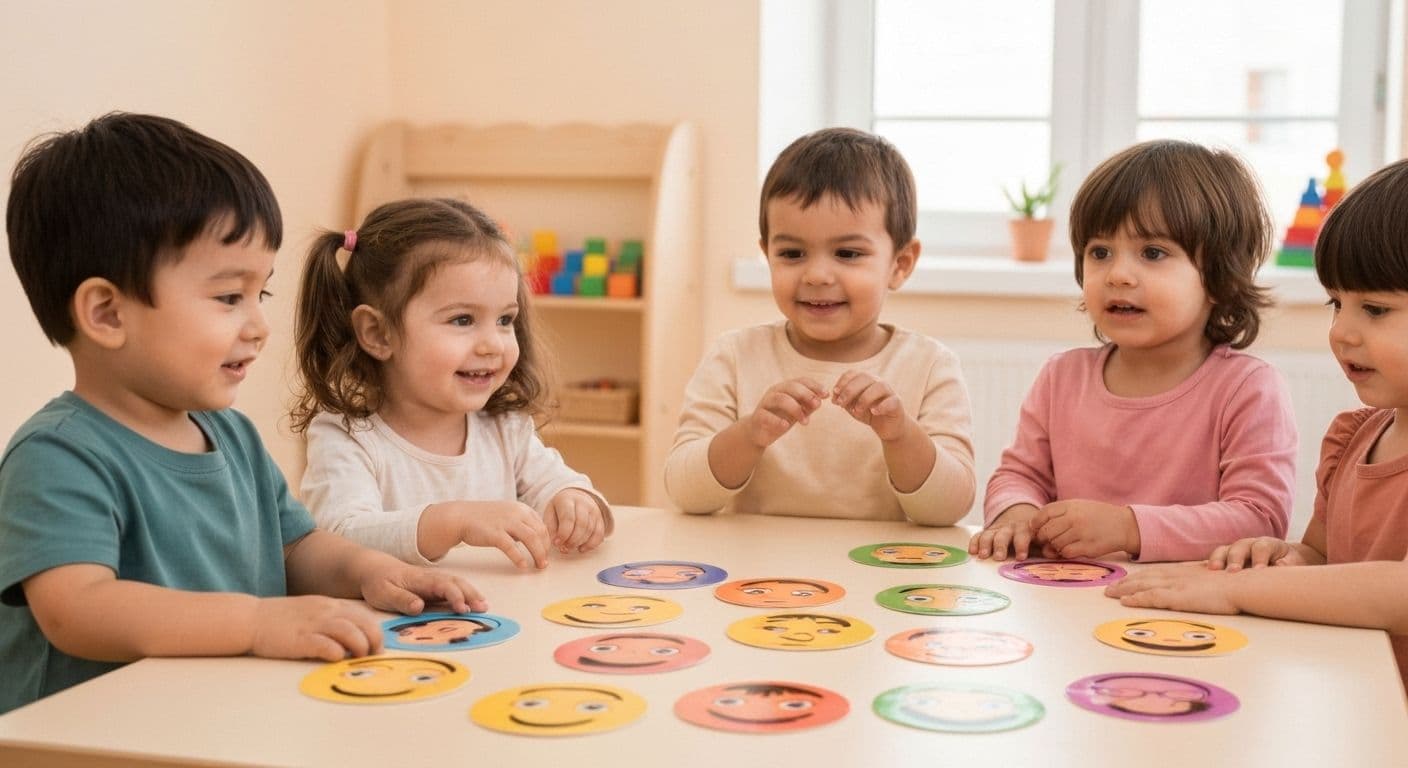 Parent and preschooler practicing self awareness activities with emotion faces cards during playtime