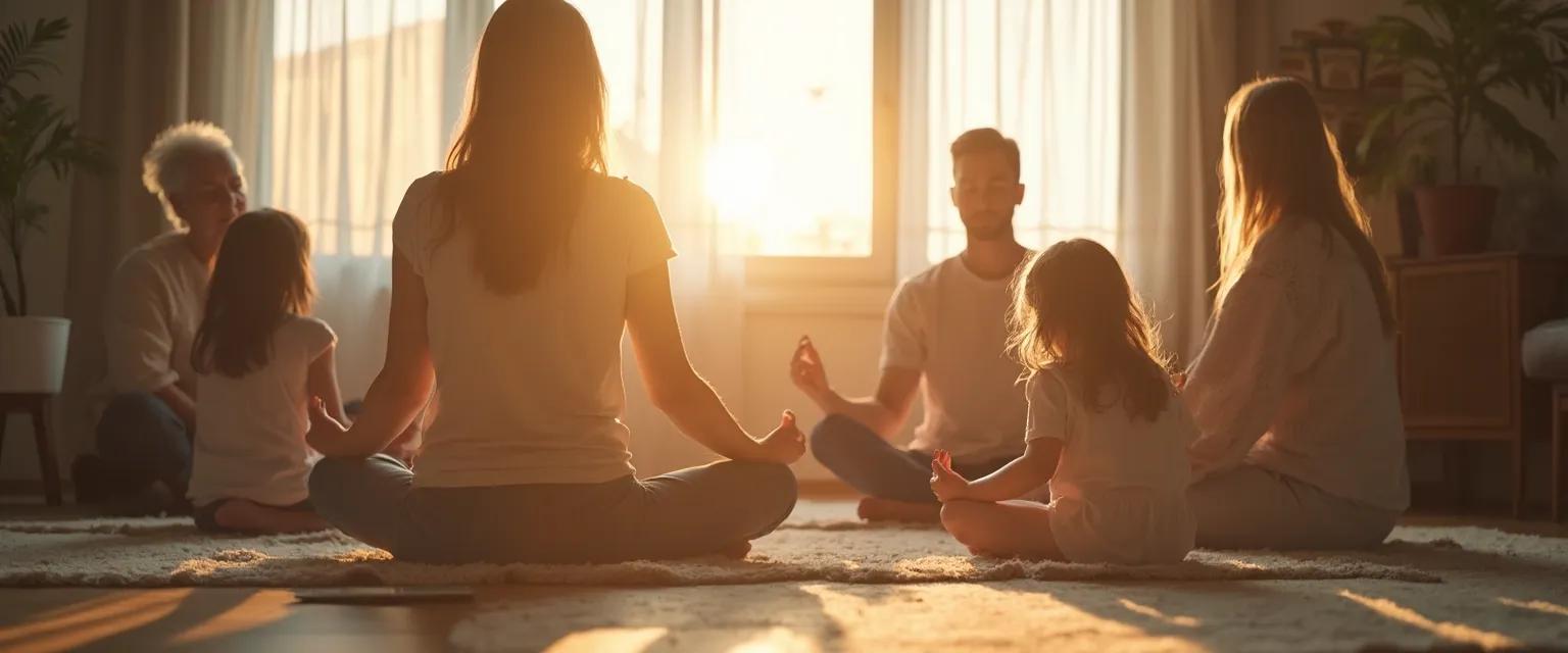 Family practicing One Giant Mind meditation together in living room