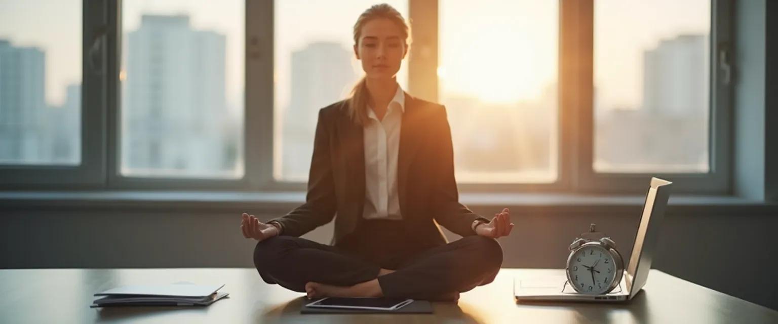 Professional practicing a 5-minute self awareness guided meditation at desk
