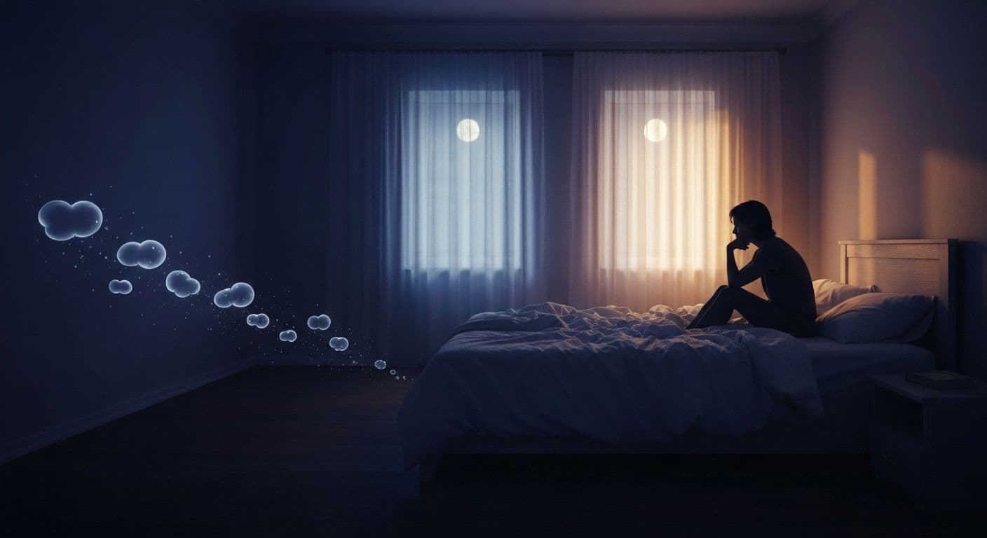 Person lying awake in bed with thought bubbles representing an overactive mind at night