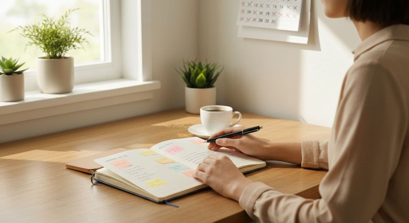Person practicing daily self-check-in for self awareness and personal growth with peaceful morning routine