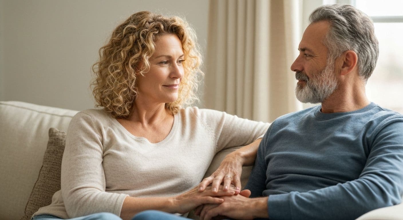 Two people sitting together in mindful grieving support, demonstrating compassionate presence and emotional awareness