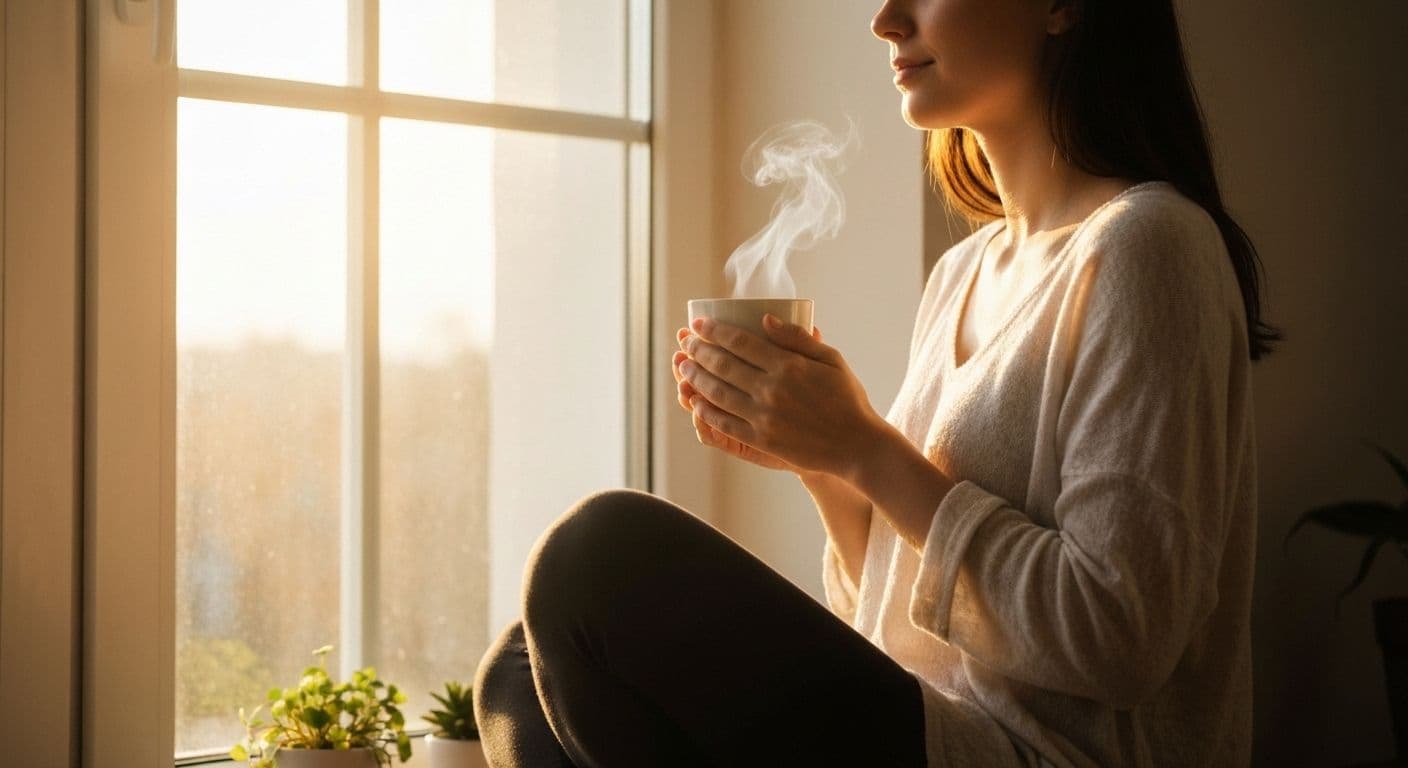 Person practicing morning mindfulness while holding a warm coffee cup with steam rising, focused and present