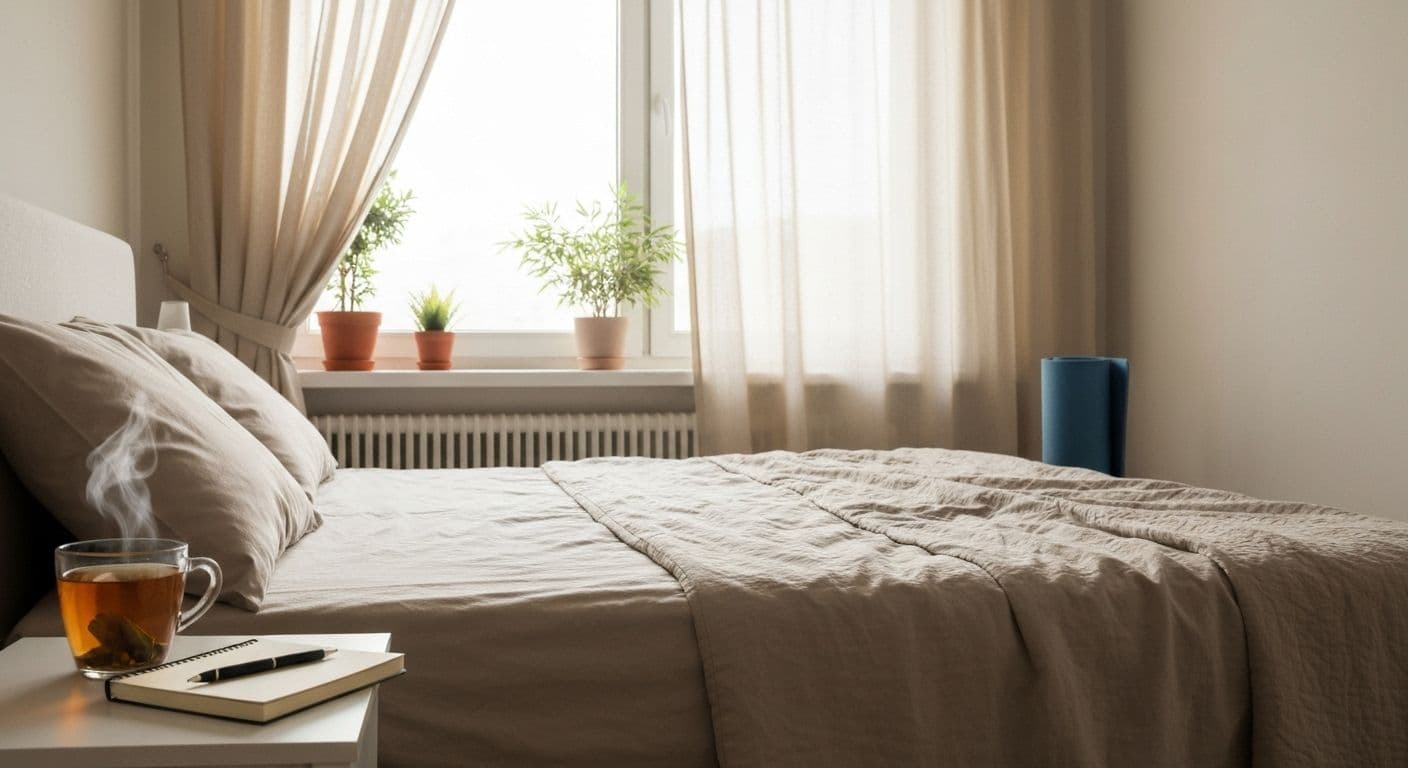 Person creating a peaceful wellness routine post breakup with morning coffee and journaling in sunlit room