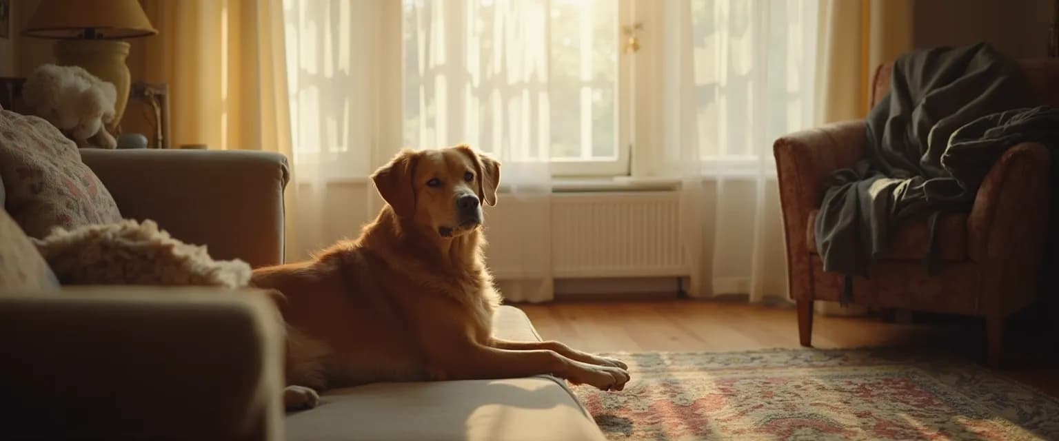 Dog relaxing calmly at home while overcoming separation anxiety