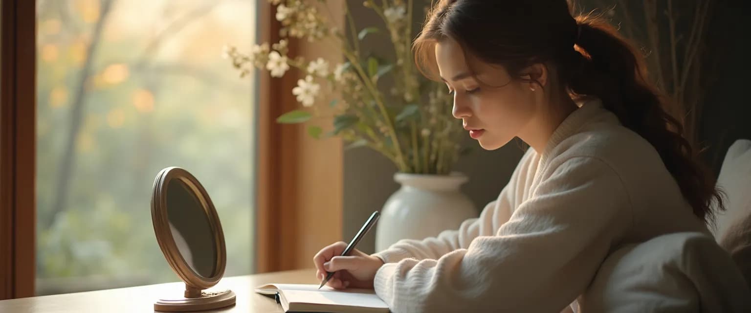 Person practicing self awareness and introspection in front of a mirror with a thoughtful expression