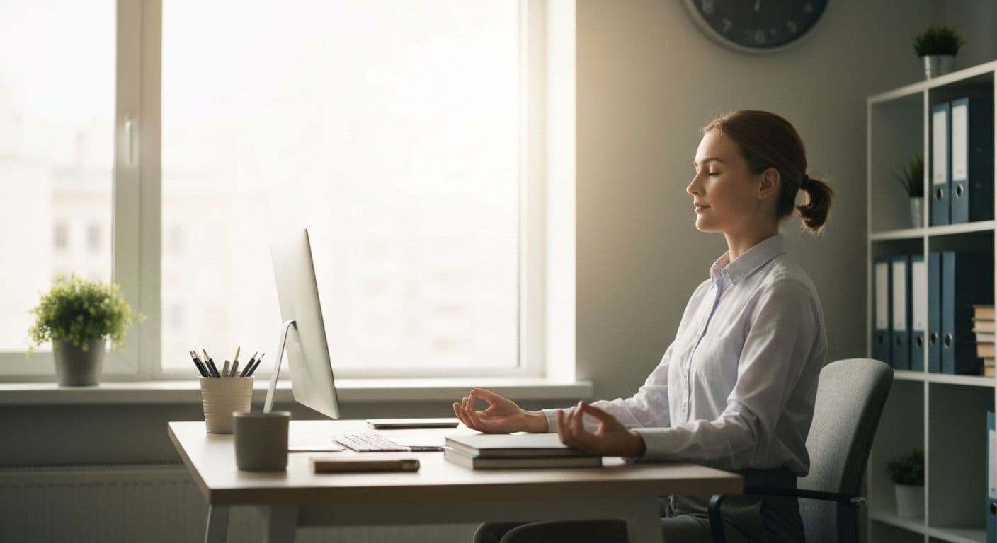 Professional practicing mindful meditation for sleep at desk during work break