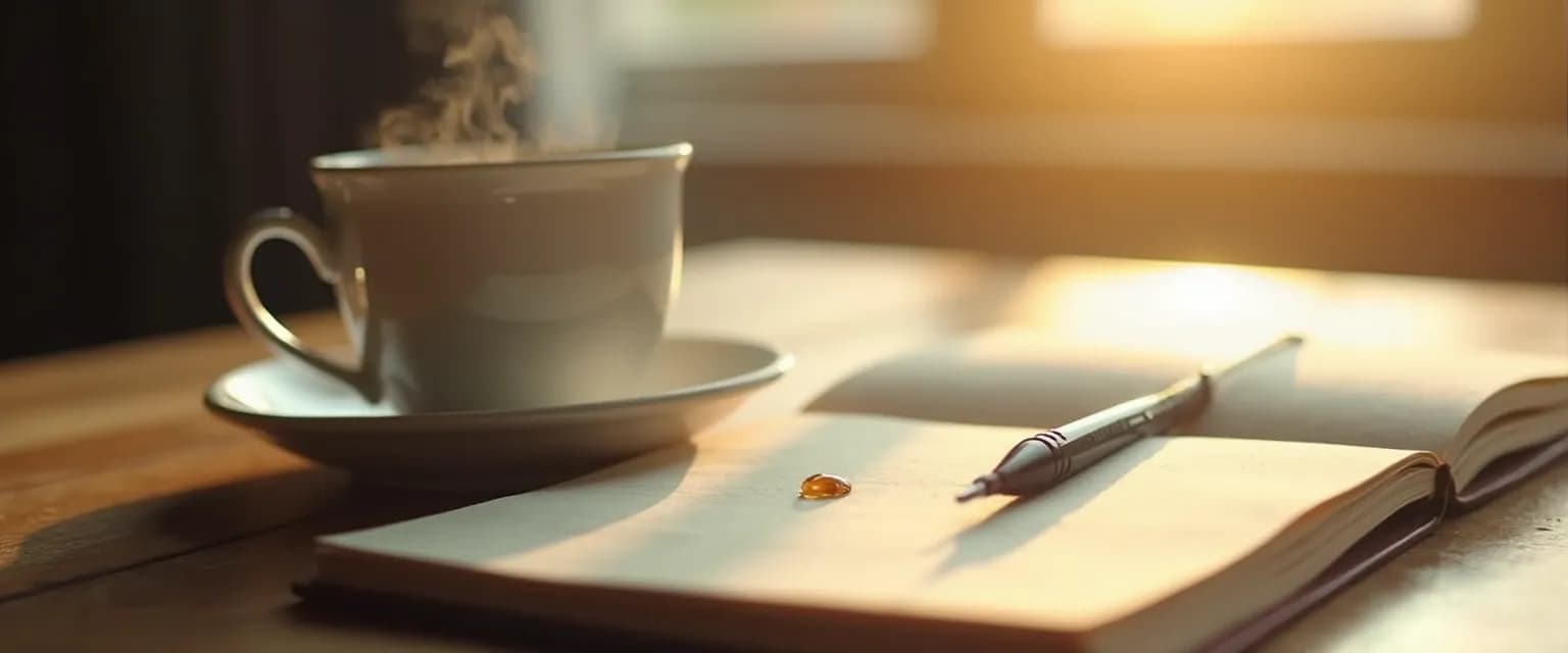 Person writing journal prompts for grief while enjoying morning coffee