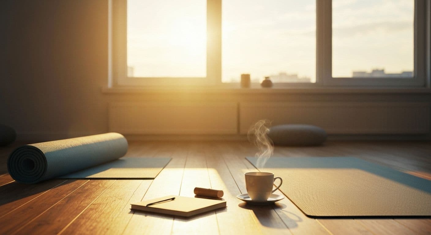 Person practicing morning breathing exercises to achieve a liberated mind with natural light and peaceful setting