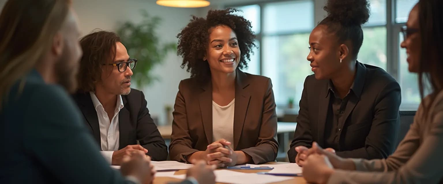 Leader demonstrating emotional intelligence and effective leadership during team meeting