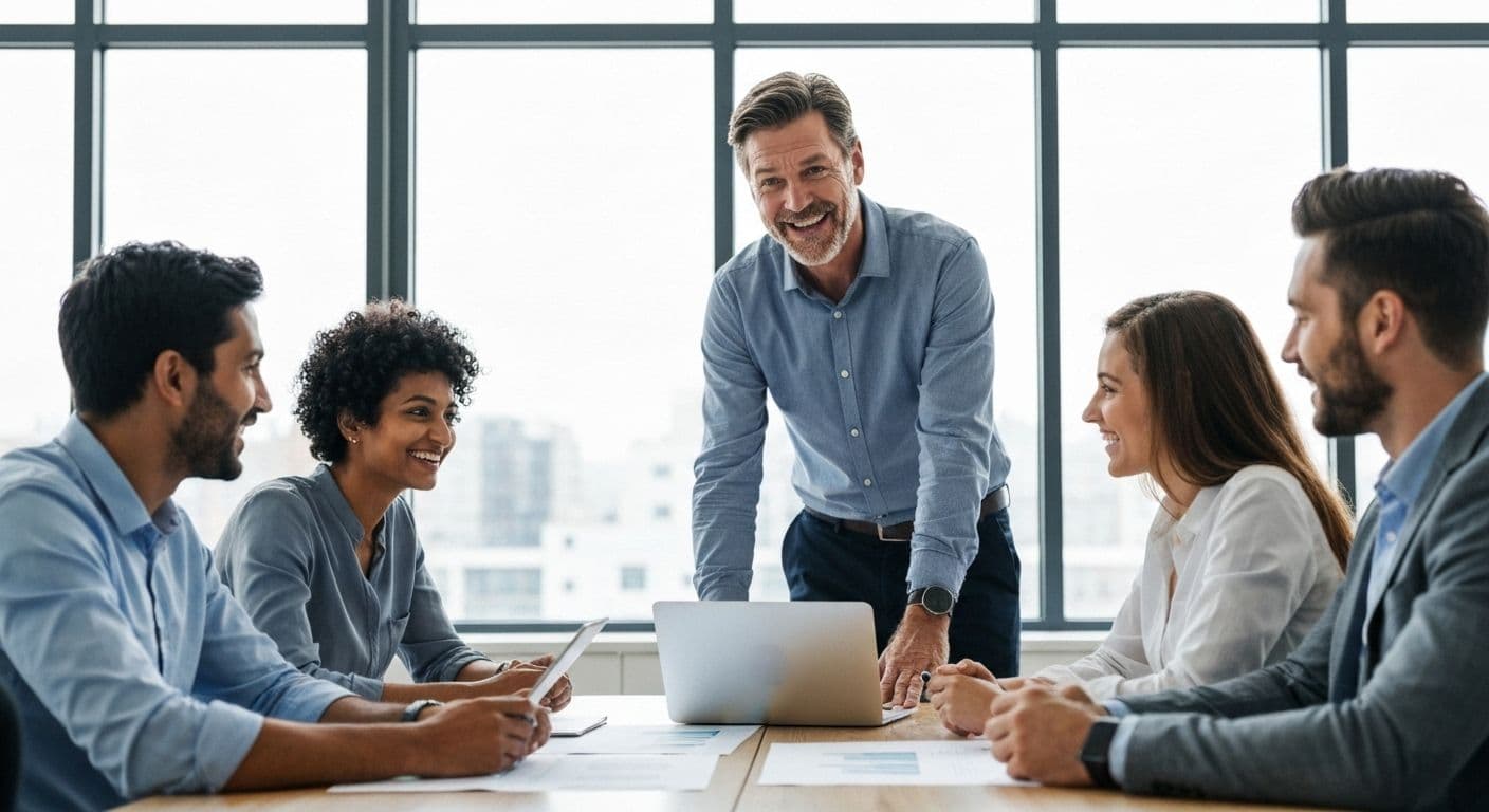 Leader practicing self awareness and effective leadership techniques with their team in a collaborative environment