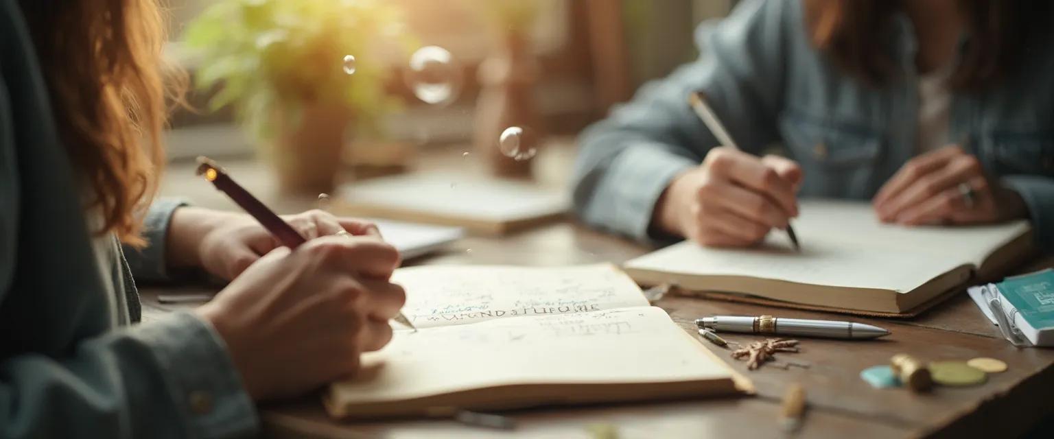 Person writing in a mindfulness journal with prompts for mental clarity