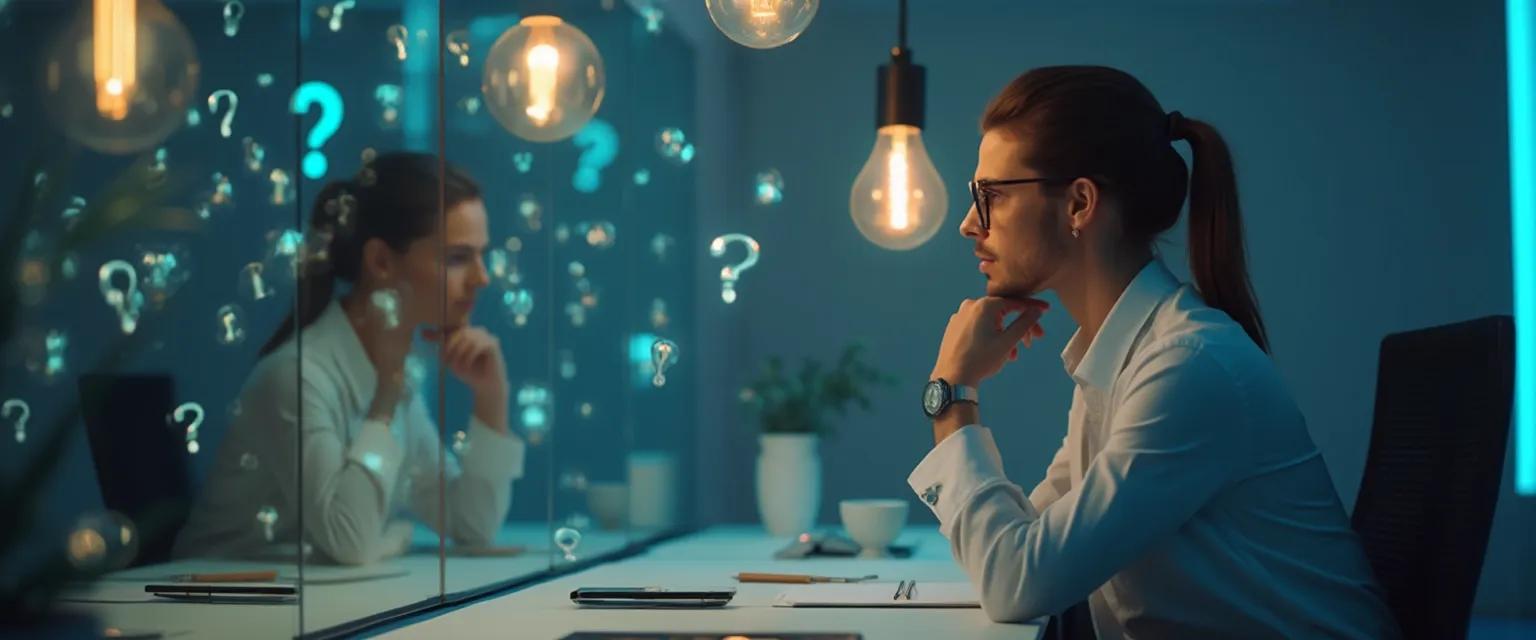 Business leader reflecting on case studies on self-awareness questions for improved leadership