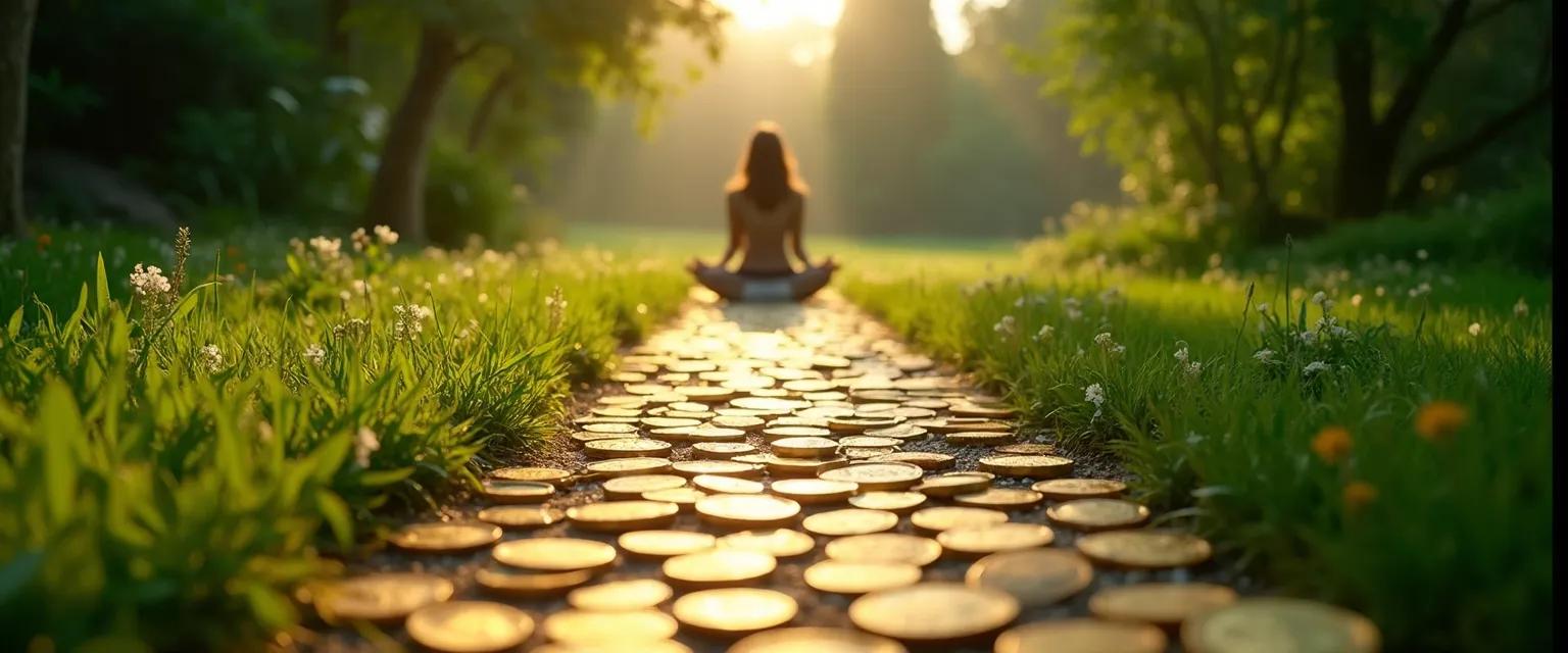 Woman practicing money mindfulness while reviewing her finances with a peaceful expression