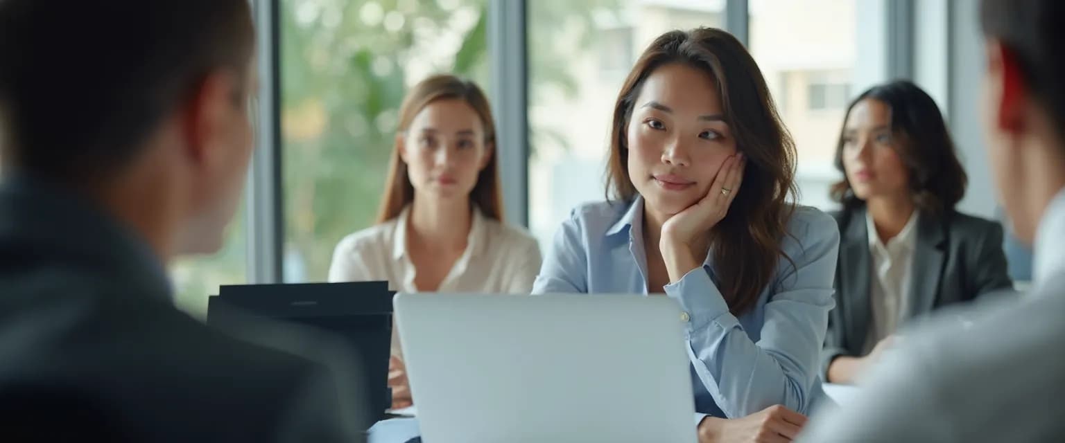 Professional demonstrating public self-awareness examples in a meeting setting