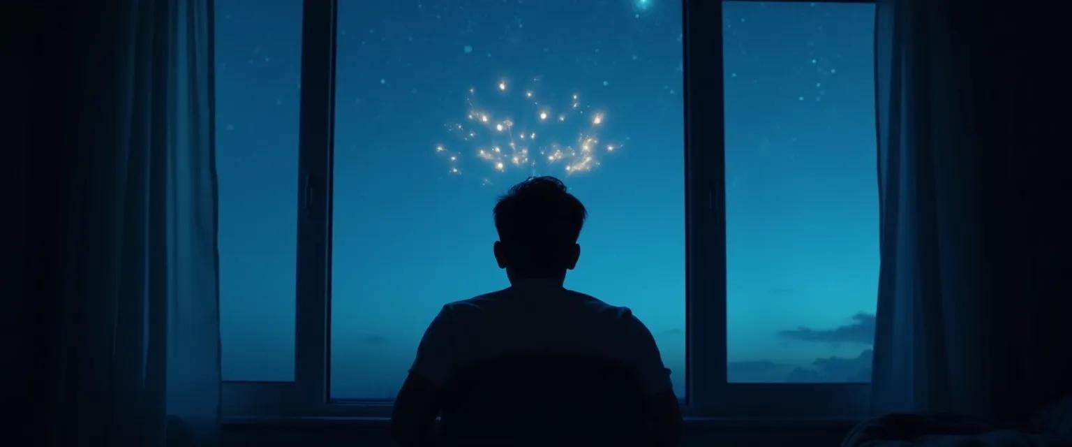 Person with overactive mind using unconventional techniques to quiet racing thoughts at bedtime