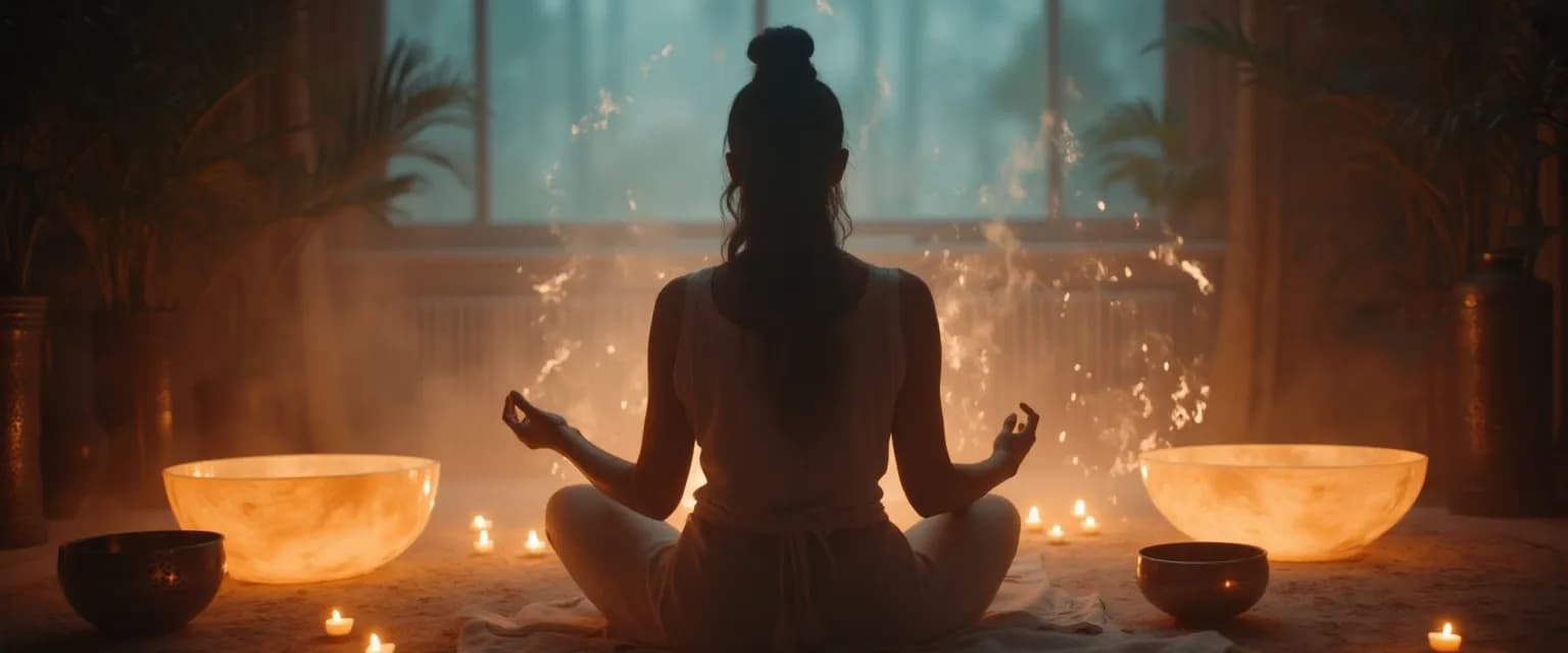 Person experiencing deep mind healing during a sound bath with Tibetan singing bowls