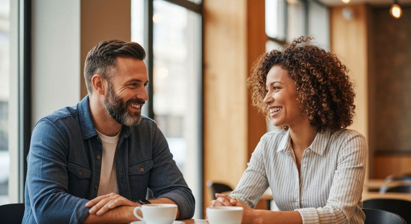 Two people having a friendly conversation representing healthy relationship after breakup with clear boundaries