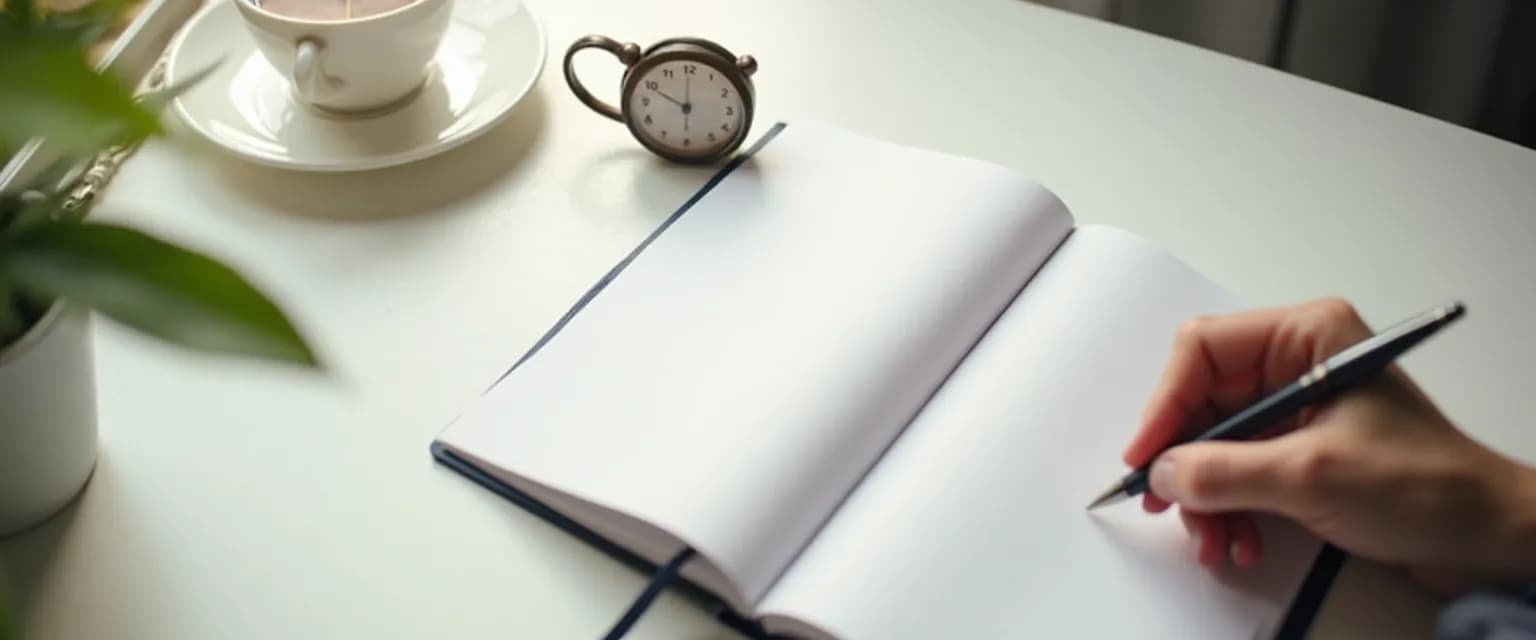 Professional using a 5-minute mindfulness journal technique during a short break at work