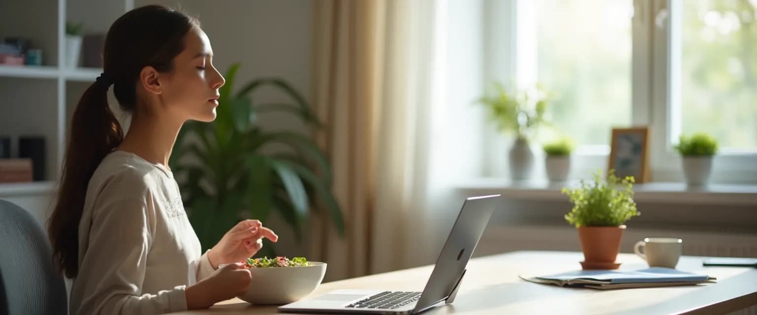 Professional practicing Palouse mindfulness techniques discreetly at office desk during lunch break