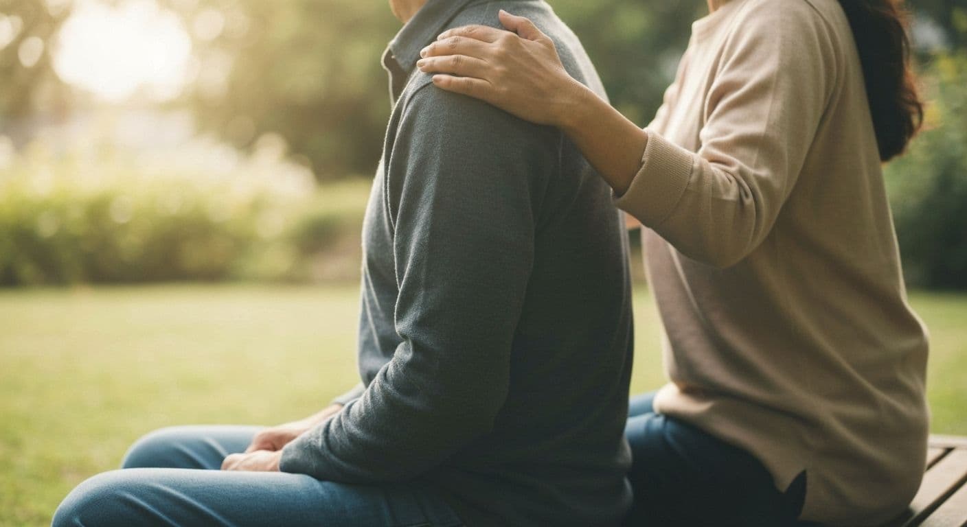Person offering comforting presence to someone grieving, illustrating what to say to someone who lost a loved one through non-verbal support