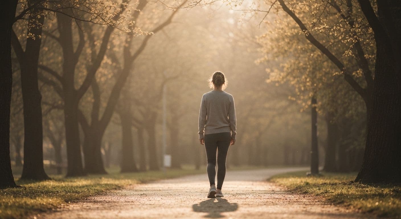Person practicing self-reflective awareness during a mindful walking session outdoors