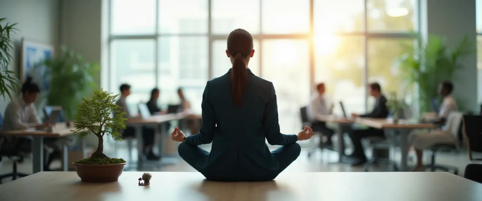 Person practicing Buddhist mindfulness techniques at office desk