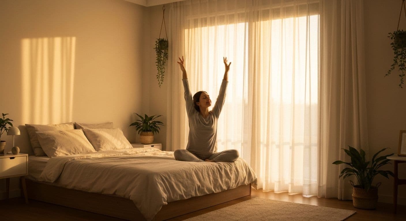 Person practicing morning mindfulness while reconditioning the body to a new mind through intentional breathing and movement