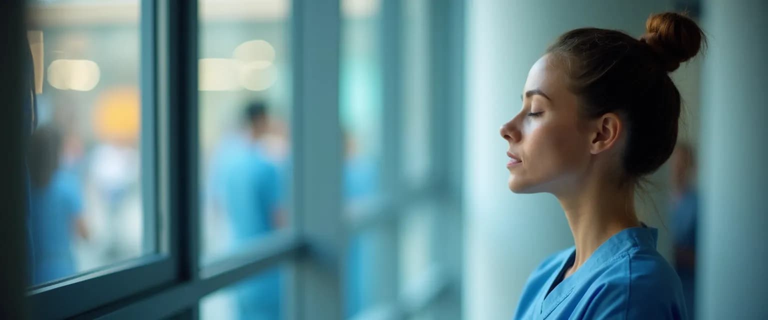 Healthcare professional practicing 5-minute anxiety management techniques between patient visits