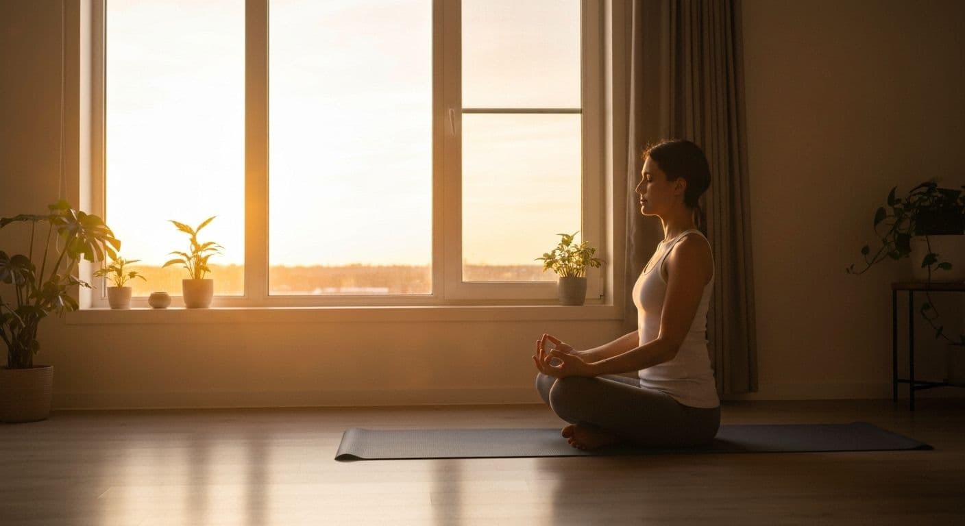 Person practicing self awareness guided meditation in peaceful morning sunlight with clear mind