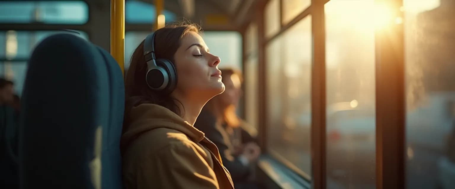 Person practicing mindful music listening during their daily commute with headphones