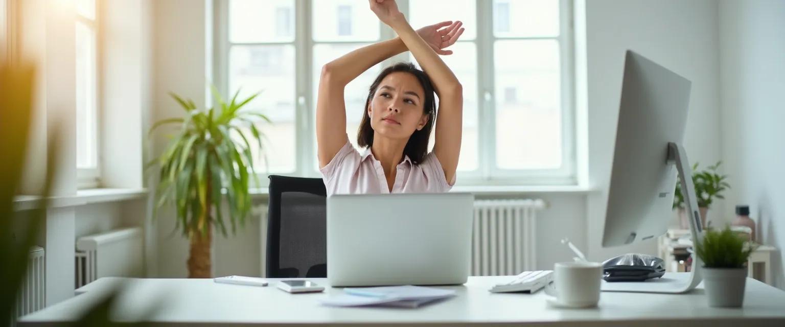 Office worker performing desk-friendly stretches for better health and well-being at work
