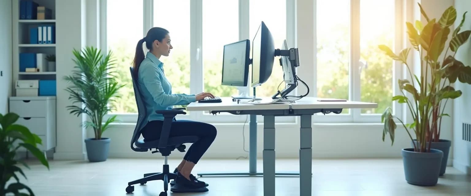 Office workspace optimized for employee wellbeing with ergonomic chair and proper monitor setup