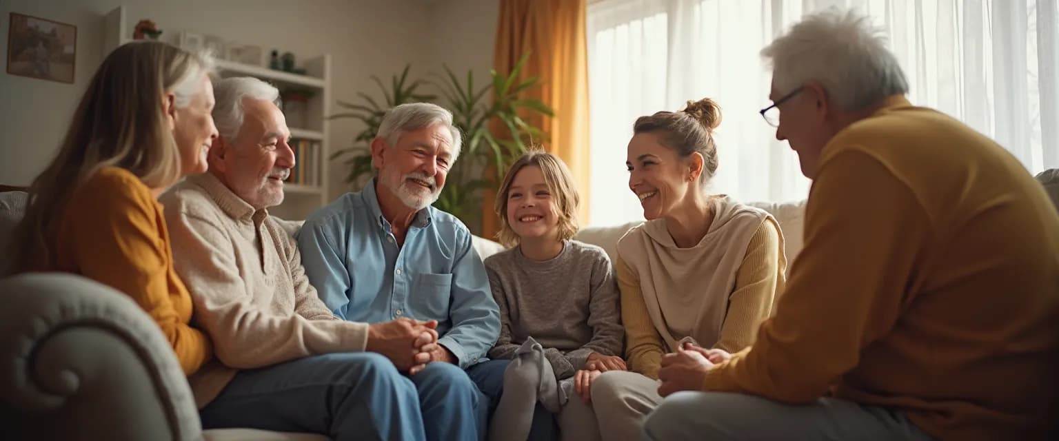 Family members from different generations communicating effectively to manage anxiety in an intergenerational household