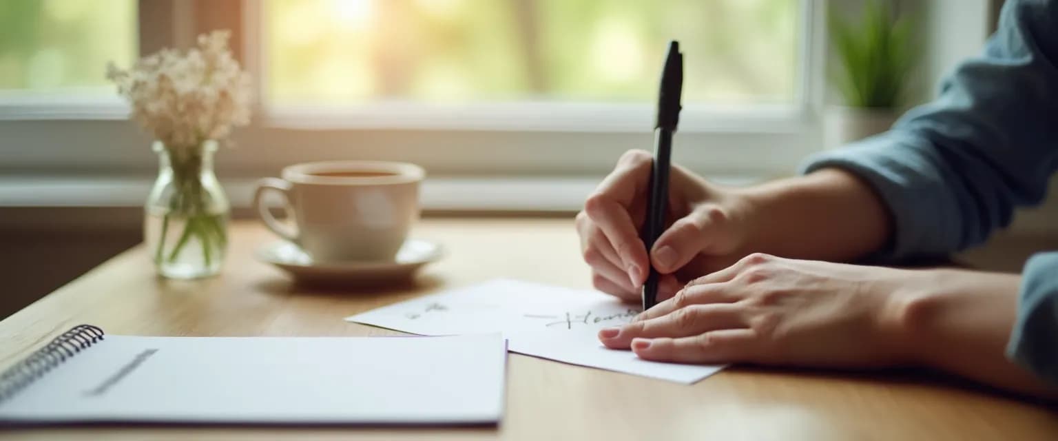 Person writing heartfelt thank you sympathy card messages at their own pace
