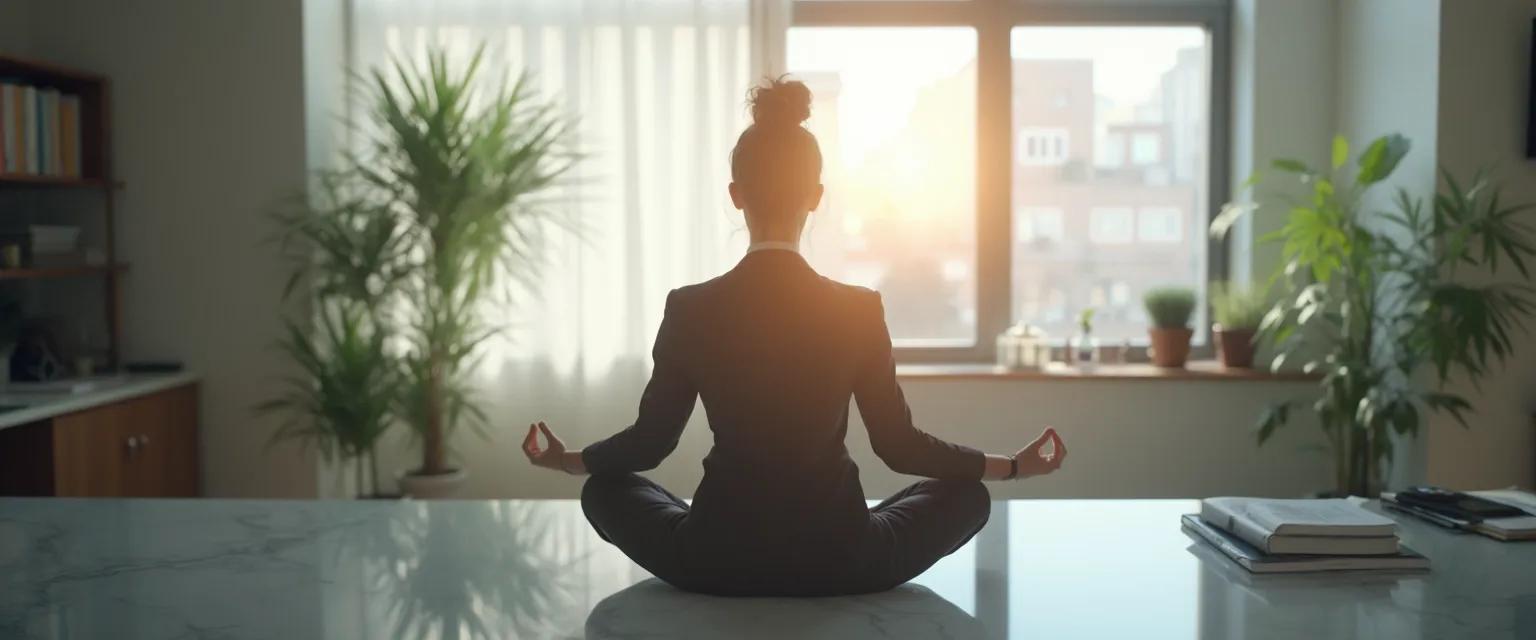 Professional practicing 5-minute mindfulness meditation for anxiety relief at desk