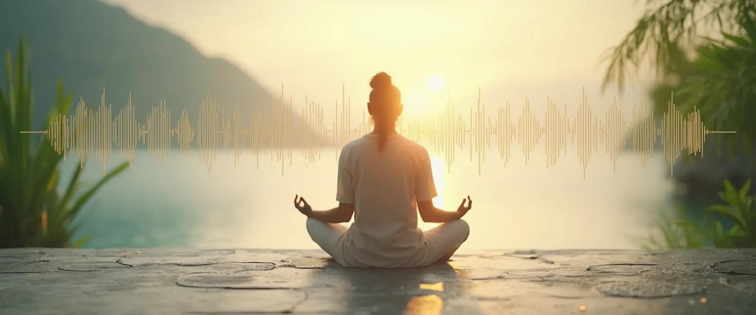 Person experiencing peace of mind through daily soundscaping with headphones in a tranquil setting