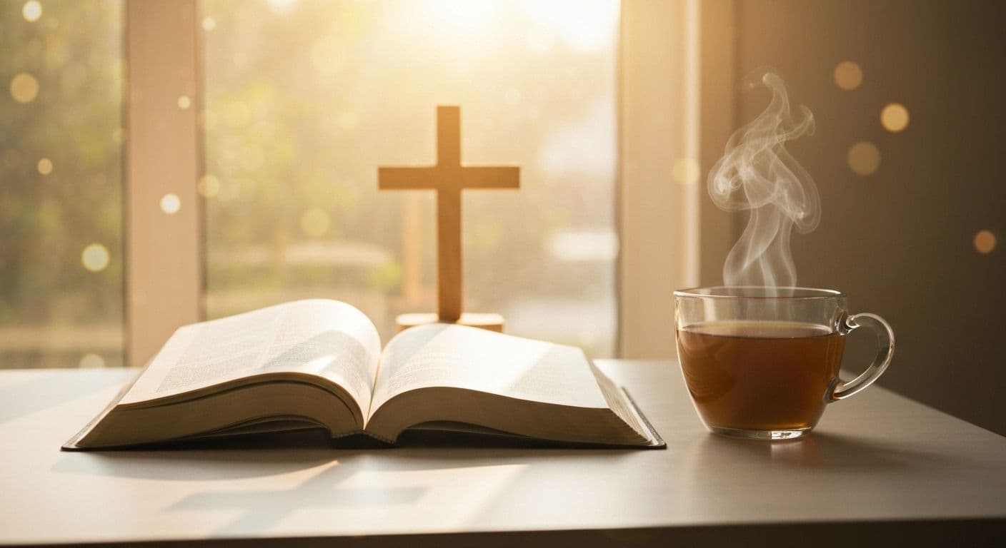 Person practicing Christian mindfulness meditation with Bible and peaceful morning light