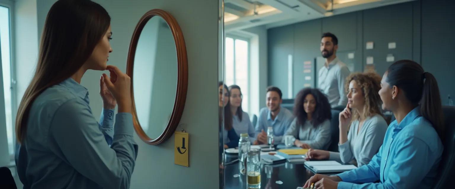 Person reflecting during a self-awareness assessment comparing Mirror Test and 360 Feedback methods