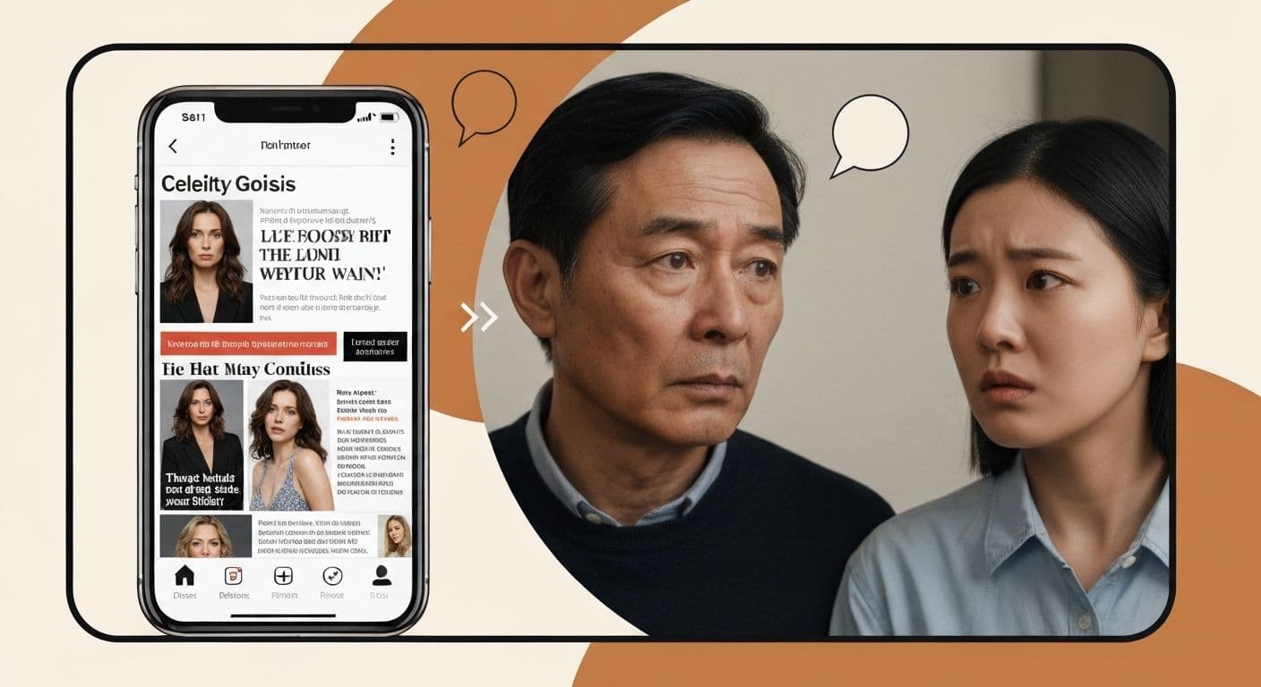 Person scrolling through celebrity breakup today news on phone while partner sits nearby looking concerned about relationship