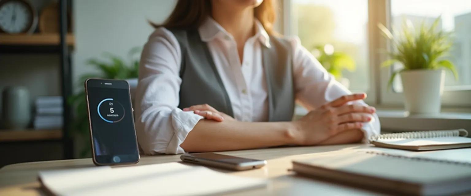Professional using a 5-minute self awareness program during busy workday